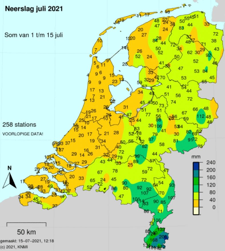 Totale neerslag halverwege juli 2021