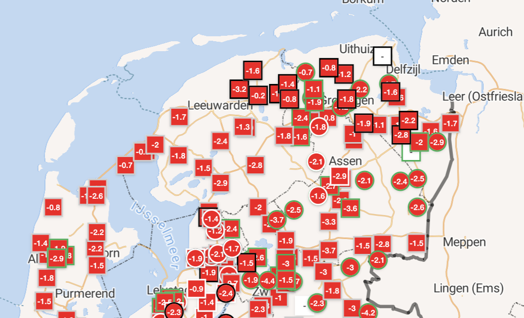 De wegdektemperaturen zaterdagochtend om 8:30 uur. Bron: Infoplaza. 