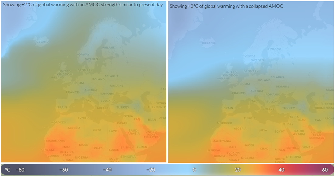 De temperatuurverandering ten op zichte van het pre-industriële tijdperk met een wereldwijde opwarming van 2 graden. Bron: amocscenarios.org