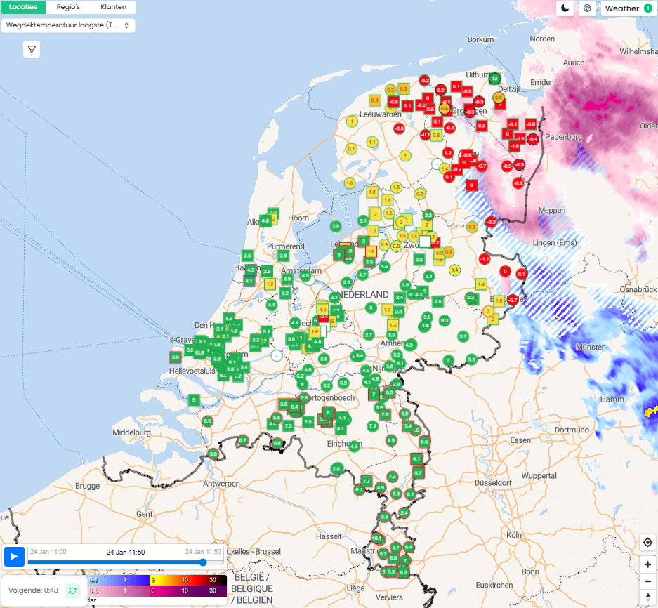 Wegdektemperaturen Infoplaza op 24-1-2026 om 12:20 uur.