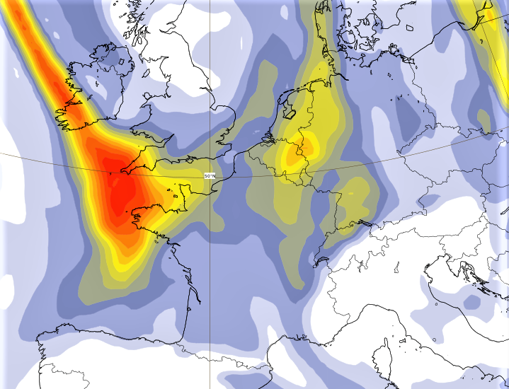 Weergave van de luchtverontreiniging volgens het Europese weermodel (30 aug)