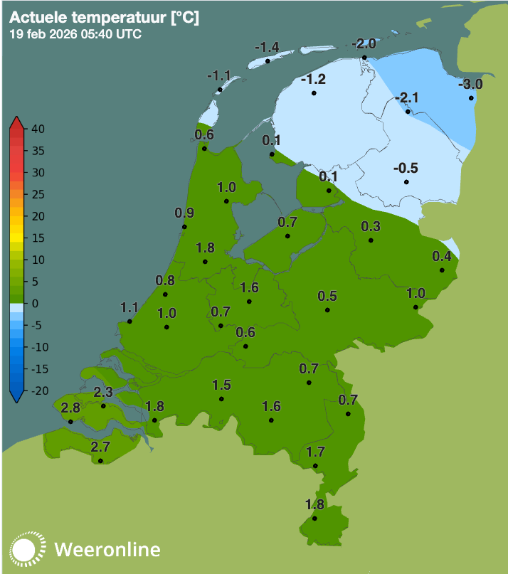 Temperatuur om 6:40 uur in Nederland.