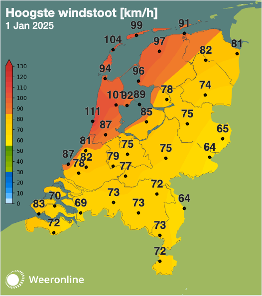 Maximum windstoten 1 januari 2025