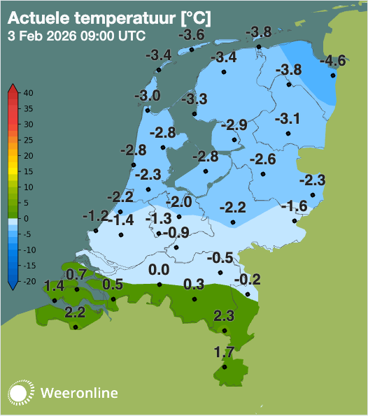Temperatuur om 10:00 uur. In het zuiden is de temperatuur boven nul en wordt geen gladheid verwacht.
