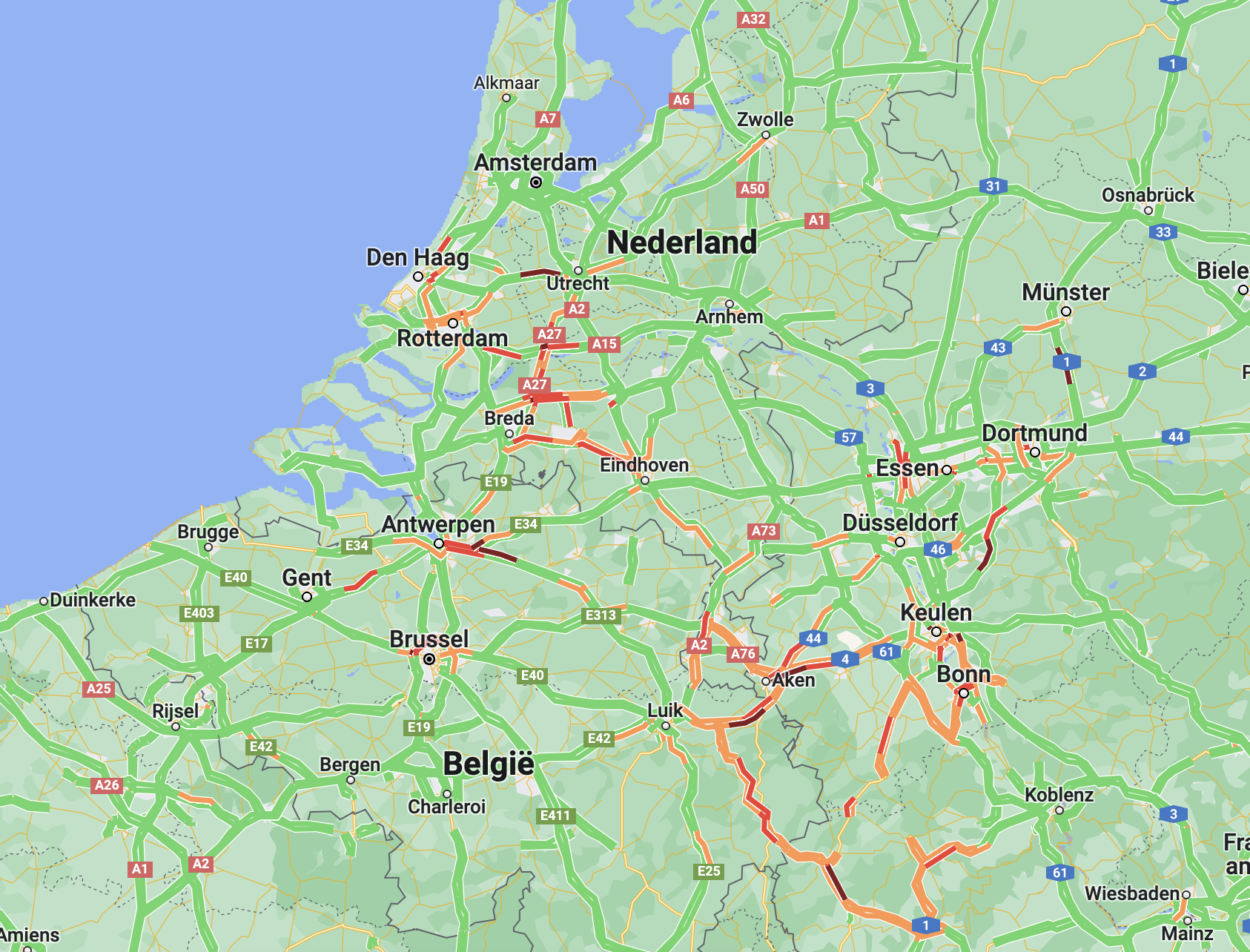 Vertragingen op de weg 20 januari 2023. Bron: Google Maps