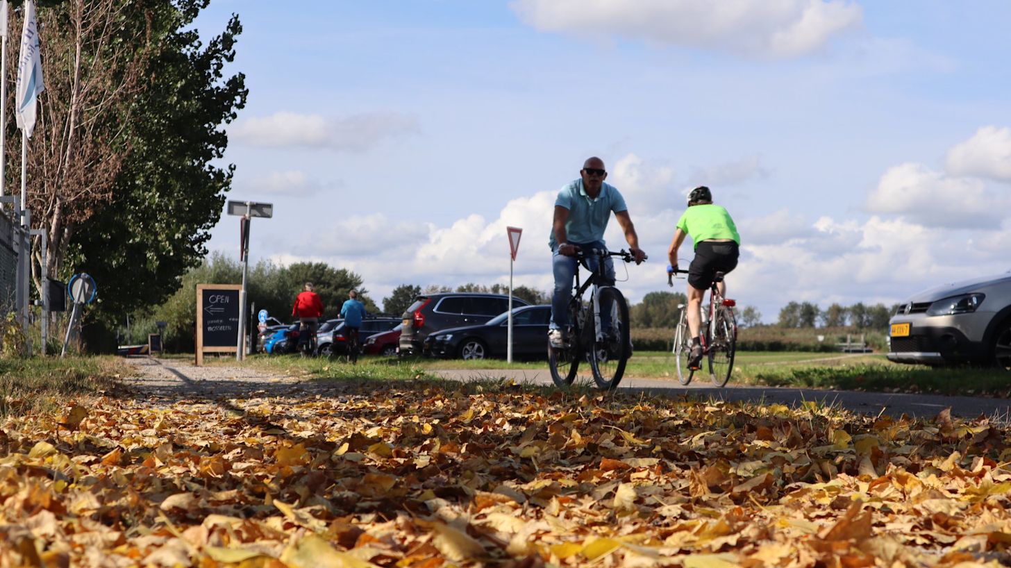 Fietsers genieten van warm weer in september terwijl er blaadjes op de weg liggen