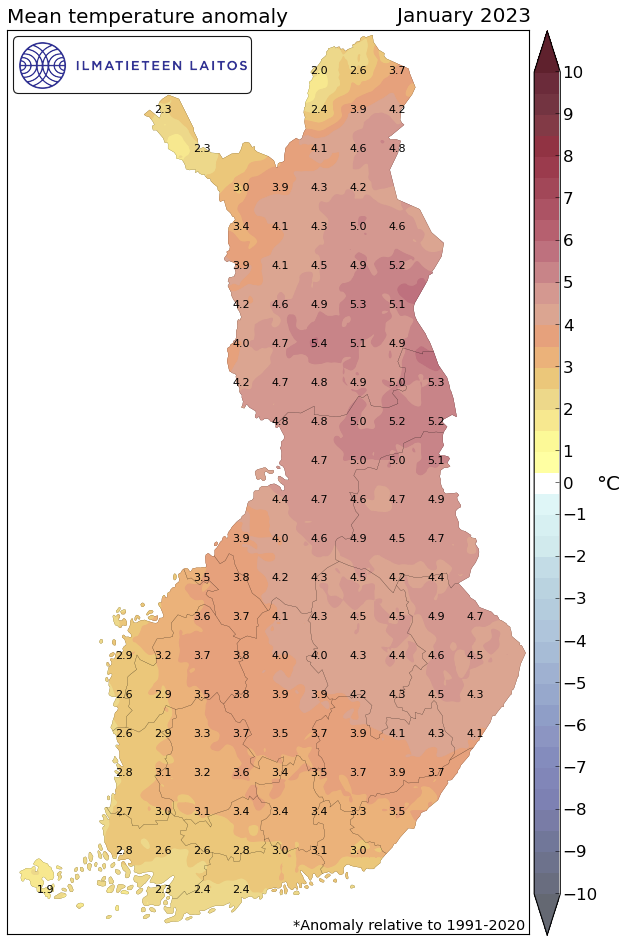 De gemiddelde temperatuurafwijking in januari 2023 ten opzichte van de klimaatperiode 1991-2020. Bron: Finnish Meteorological Institute (FMI), 2023.