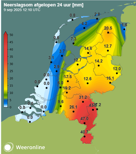 Neerslagsom in NL tot 14:10 op 9 september 2025.
