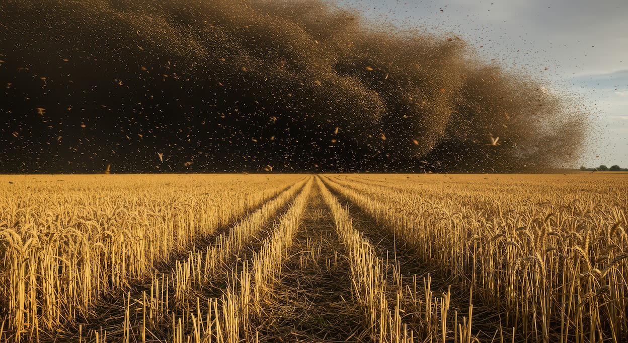 Sprinkhanenzwerm boven tarweveld vernietigt gewassen in landelijk landschap. Foto: AdobeStock / DIAN