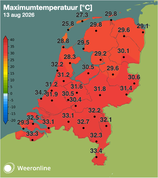 Maximumtemperatuur 13 augustus tot 1325