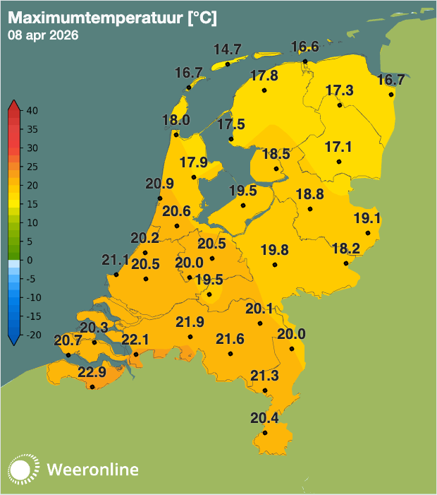 In het midden en zuiden werd het vandaag op grote schaal ruim 20 graden.