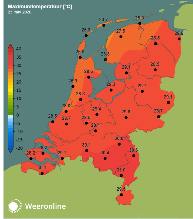 De maximumtemperatuur van 23 mei 2026