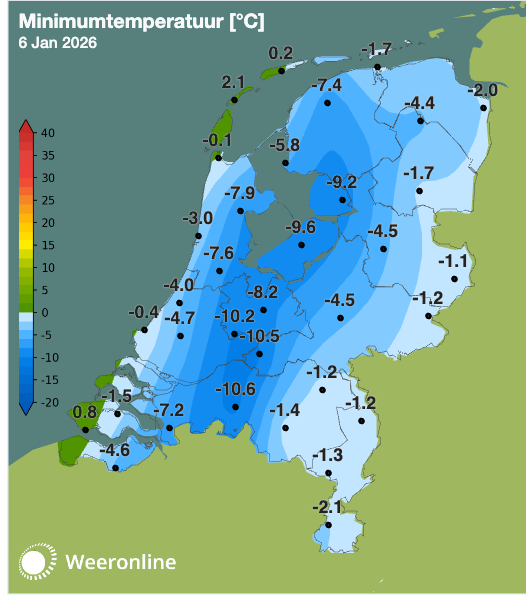 Minimumtemperatuur 6 januari 2026, gemeten tot 6:00 uur