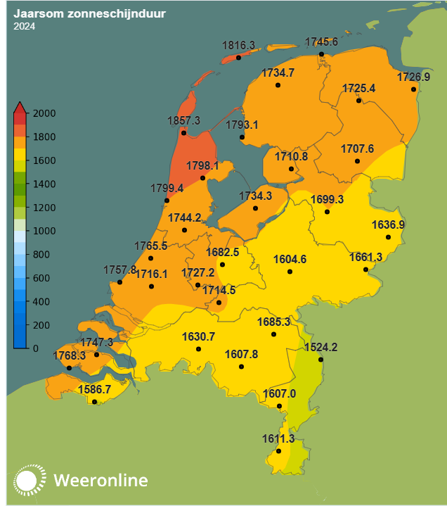 In het noordwesten scheen de zon dit jaar tot dusver het meest. Bron: Weeronline