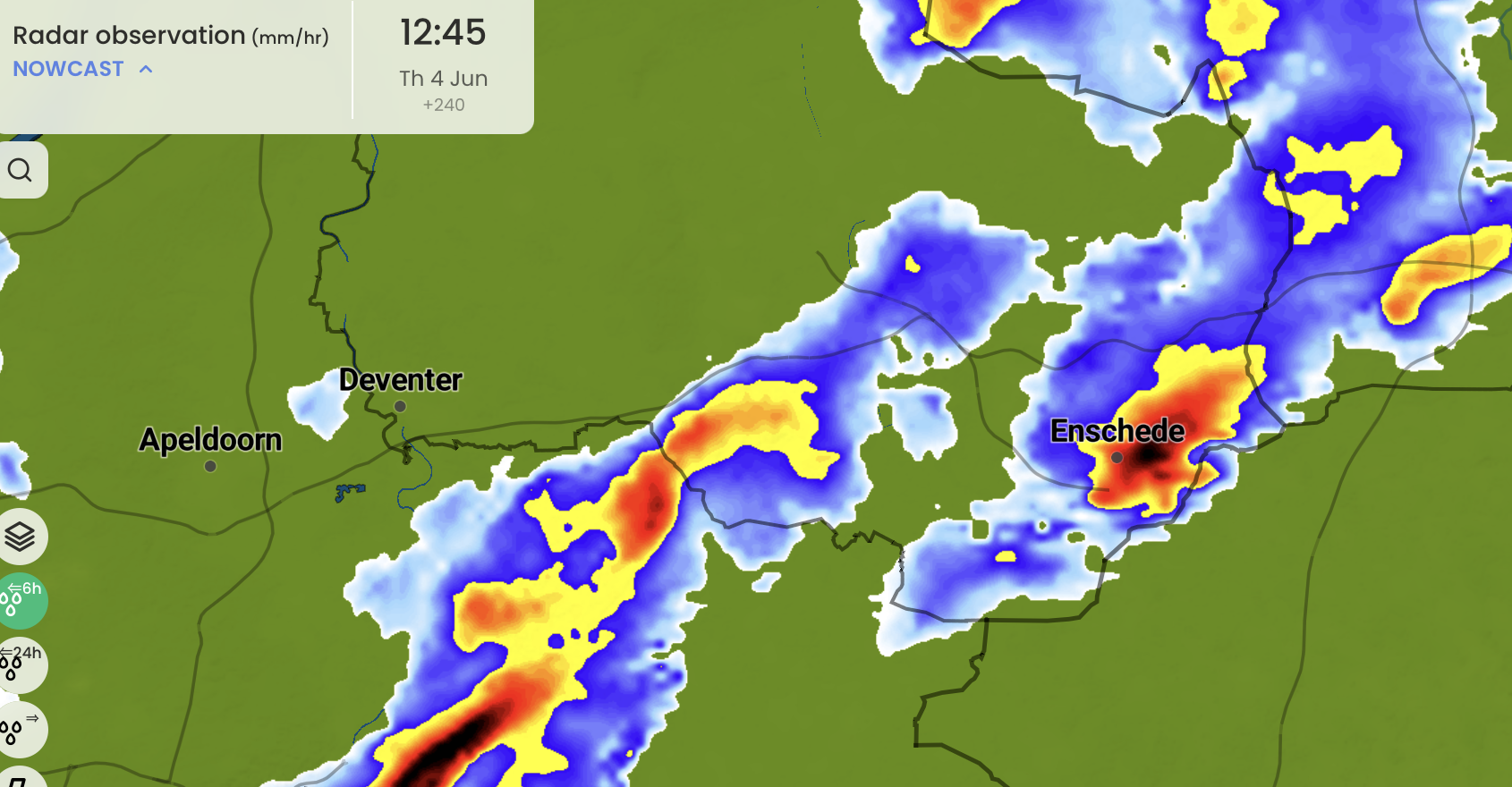 Radarbeeld van 12:45 uur op 4 juni 2026. Bron: I'm Weather