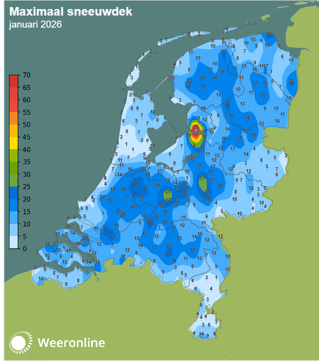 Vooral in het midden van het land viel lokaal iets meer dan 30 cm. De melding in de Noordoostpolder is foutief.