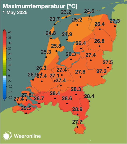 Maximumtemperatuur 1 mei 2025
