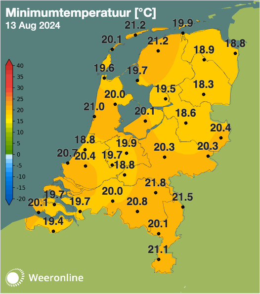 Minimumtemperatuur 13 augustus 2024