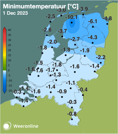 Voorlopige minima 1 december 2023 met strenge vorst in Leeuwarden.
