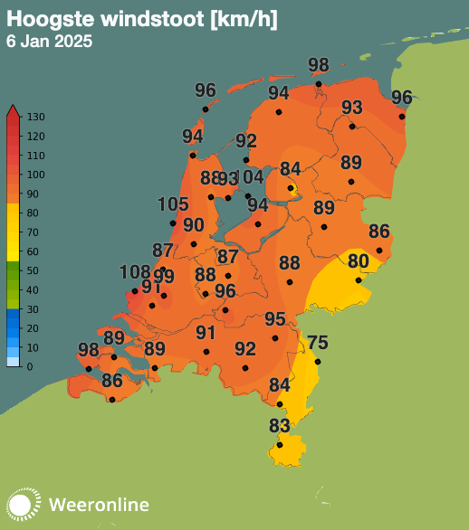 Maximale windstoten storm Floriane.