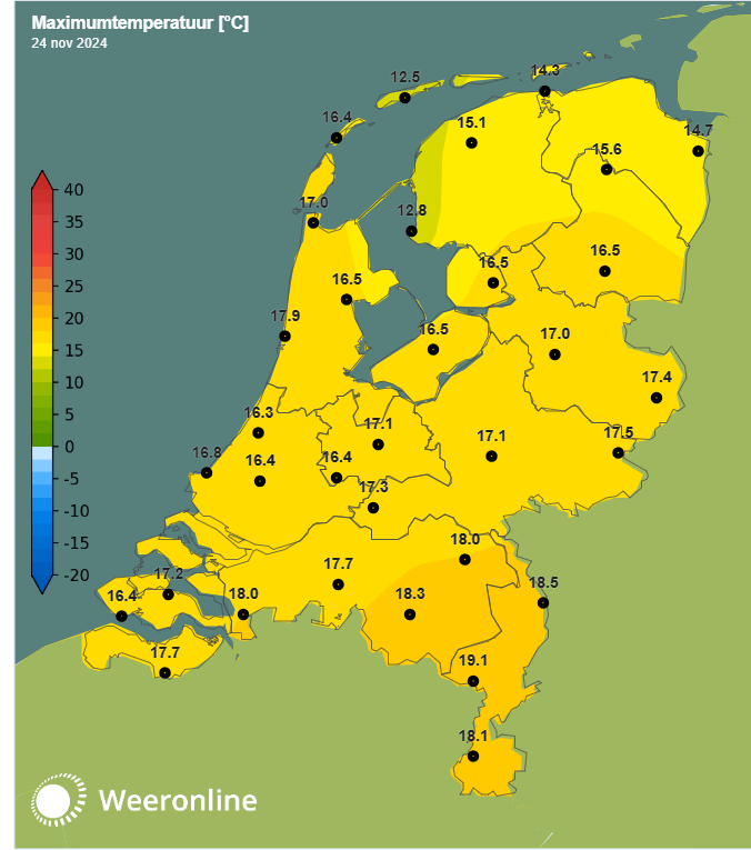 De maximumtemperaturen van 24 november 2024