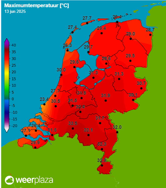 De hoogste temperatuur werd in Gilze Rijen bereikt. Daar was het 33,5 graden.
