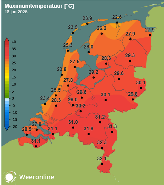 Maximumtemperatuur op 18 juni 2026