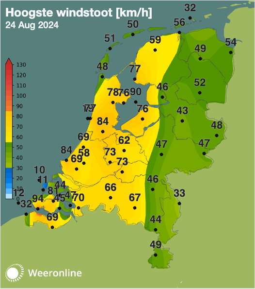 De windstoten tot nu toe. Duidelijk te zien is waar de buien nog moeten passeren. 