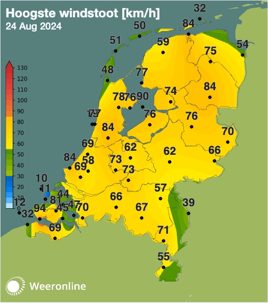 Hoogste windstoten 24 aug