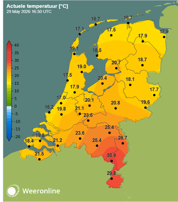 Terwijl de buien over ons land trekken zijn de verschillen in temperatuur nog erg groot.