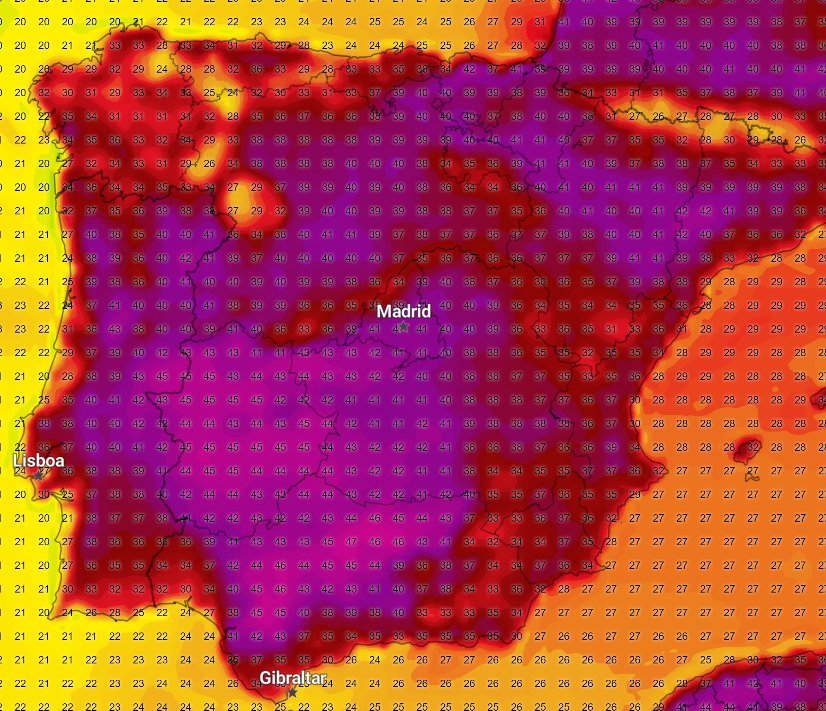 De verwachte temperatuur volgens het GFS model op maandag 29 juli om 17:00 uur. Bron: IMweather