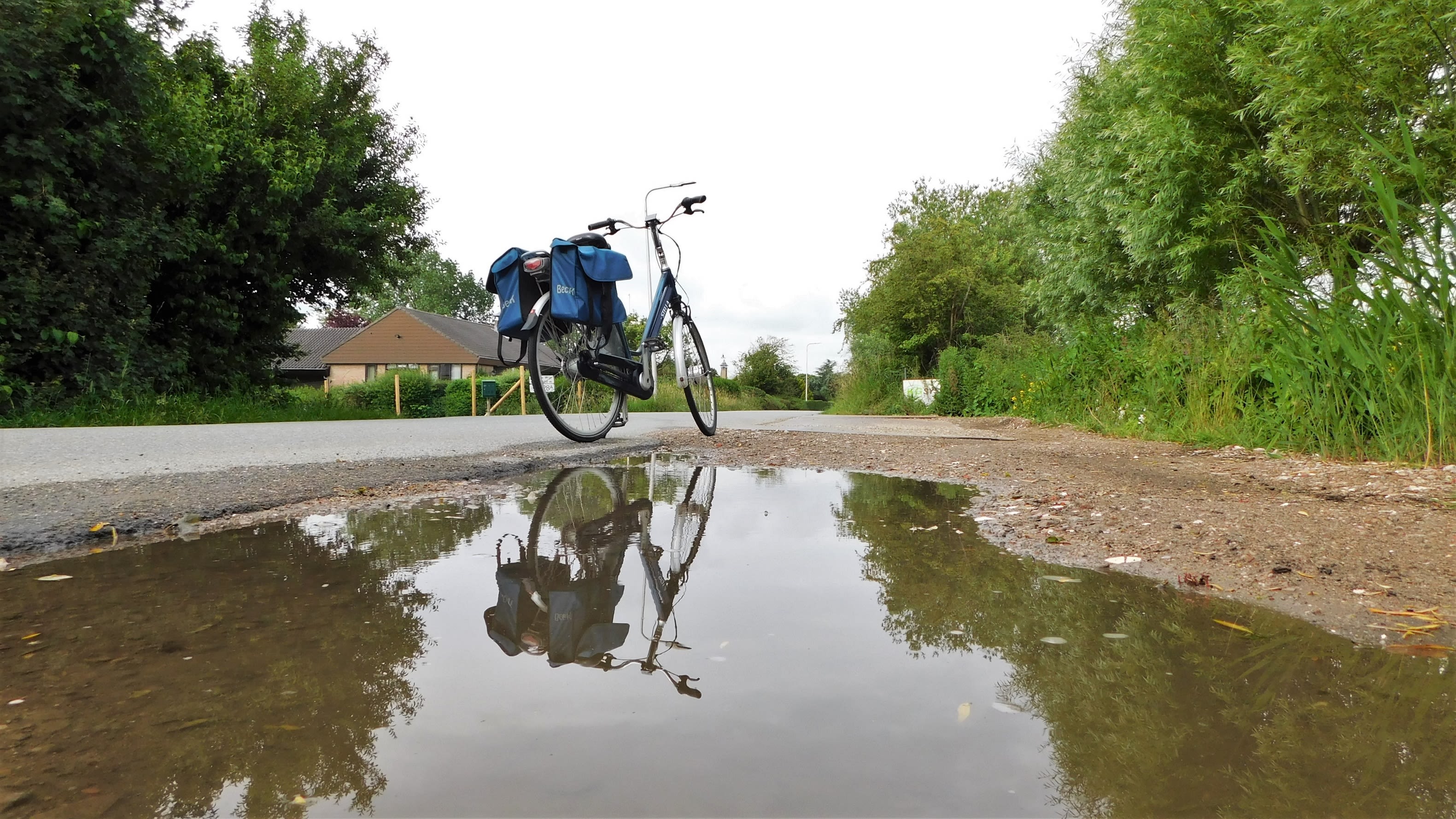 Ook al liggen de plassen op de weg, het is aangenaam fietsweer! Foto: Pia Legerstee