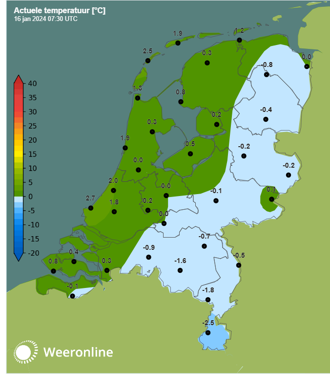 Temperaturen om 8:30 uur. Op veel plaatsen ligt het kwik rond het vriespunt. Alleen in een smalle kuststrook is het duidelijk boven nul. 