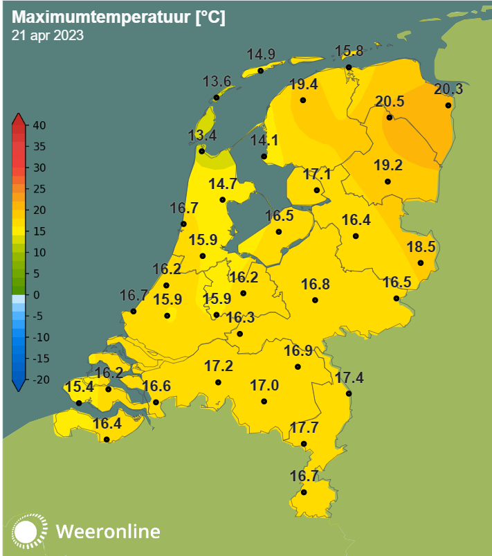 Maximumtemperatuur 21 april 2023