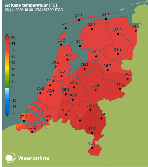 Temperatuurkaart Nederland om 17:30 op 26 juni 2026