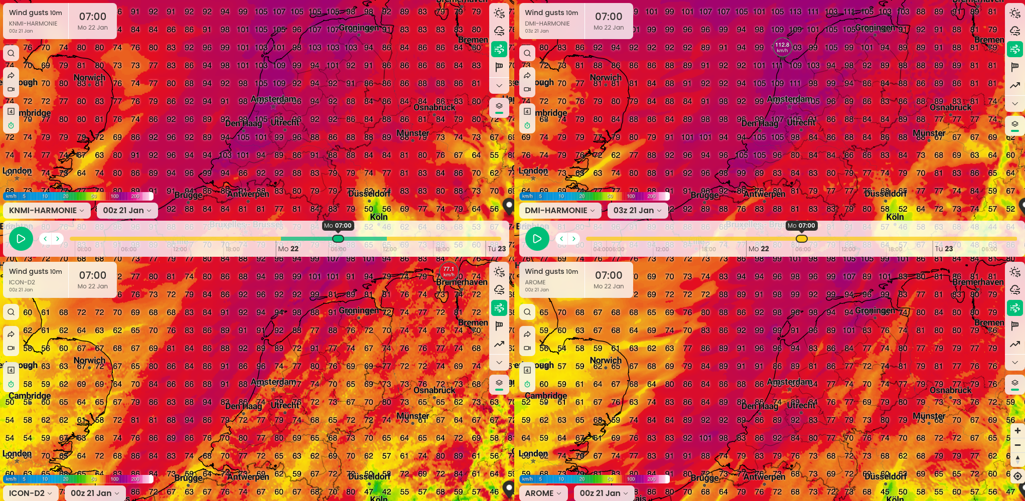 De (zeer) zware windstoten van maandagochtend 7:00 uur in vier weermodellen.