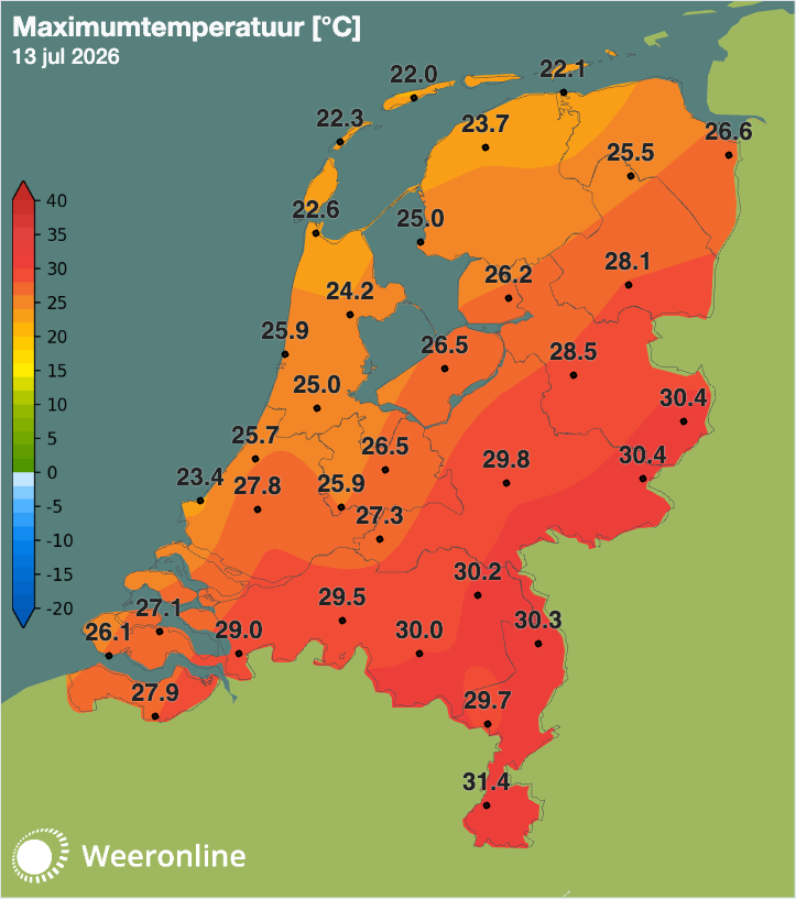 Maximumtemperaturen op 13 juli 2026.
