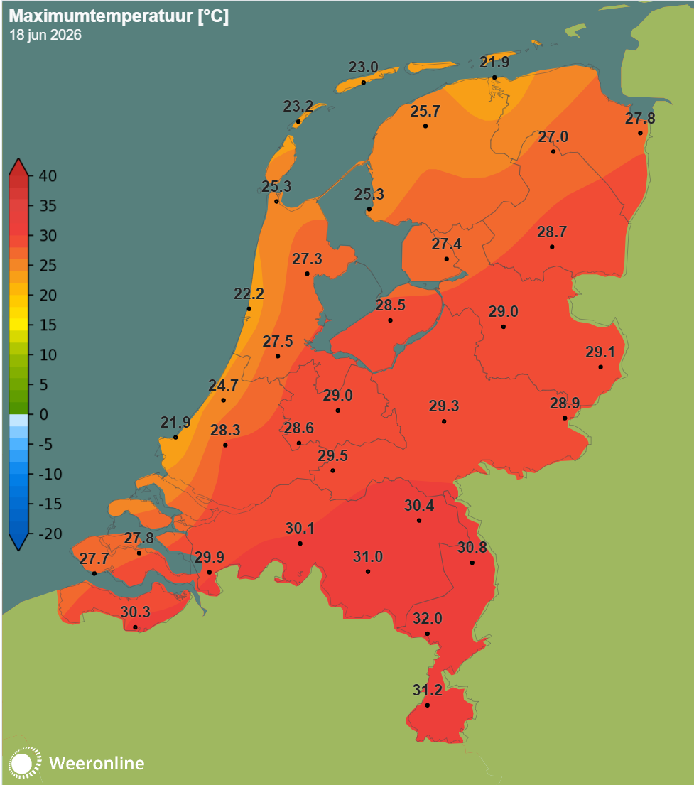 De maximale temperatuur op 18 juni 2026, tot nu toe om 16:15 uur.