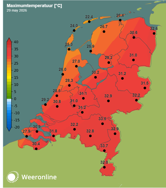 De maximumtemperatuur van 29 mei 2026