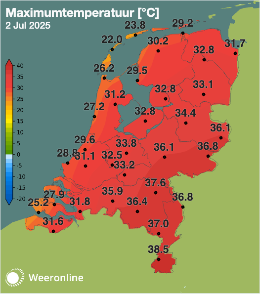 De maximumtemperatuur van 2 juli 2025 tot 15:20 uur.