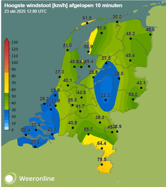 Gemeten windstoten om 12:00 UTC (14:00 uur)