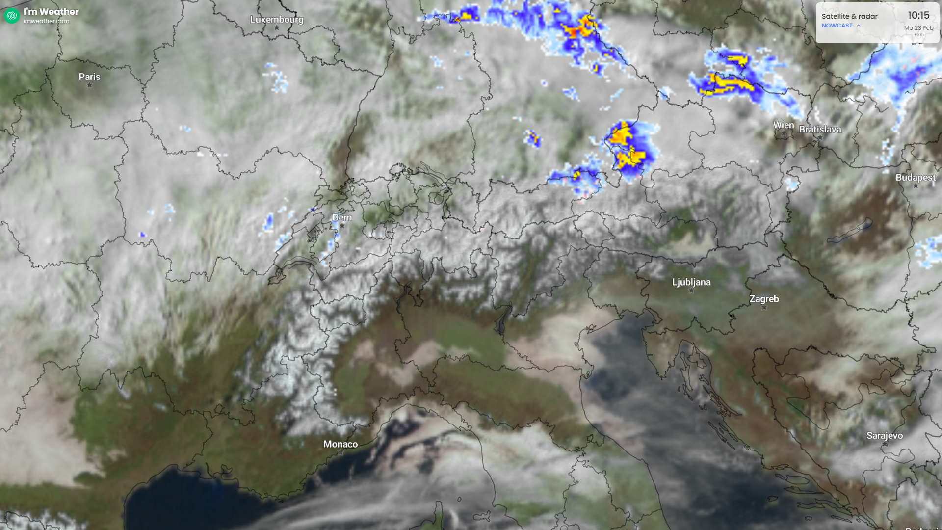 Radar en satelliet Alpen op 23-2-2026