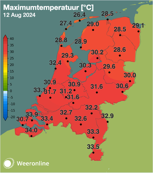 Maximumtemperatuur 12 augustus 2024