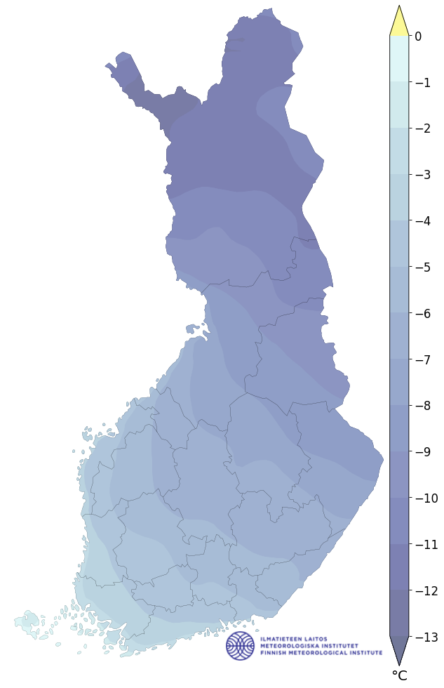 Gemiddelde temperatuur in Finland in de wintermaanden, 1991-2020. Bron: Finnish Meteorological Institute (FMI), 2023.