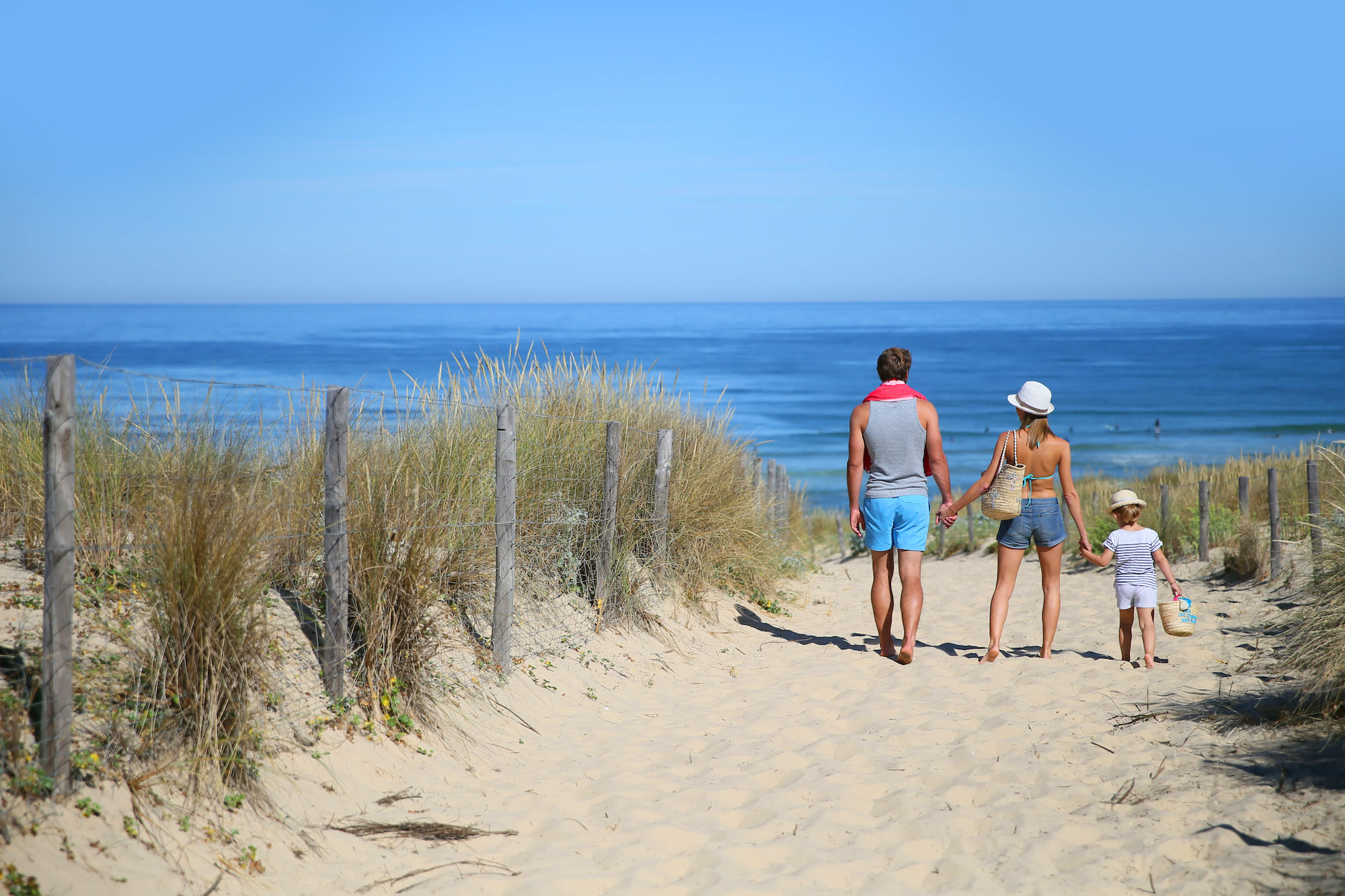 Familie van drie loopt door de duinen naar het strand. Foto: Adobe Stock / goodluz.