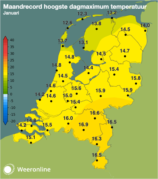 De maandrecords van januari voor alle huidige stations, na de recordwarmte van 1 januari 2023. In Maastricht en op de stations aan de westkust en op de Wadden is geen nieuw warmterecord genoteerd.