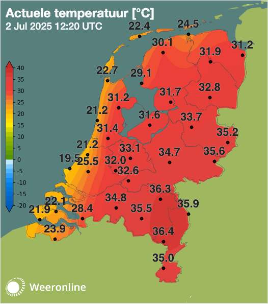Actuele temperatuur om 14:20 uur. Grote verschillen op korte afstand.