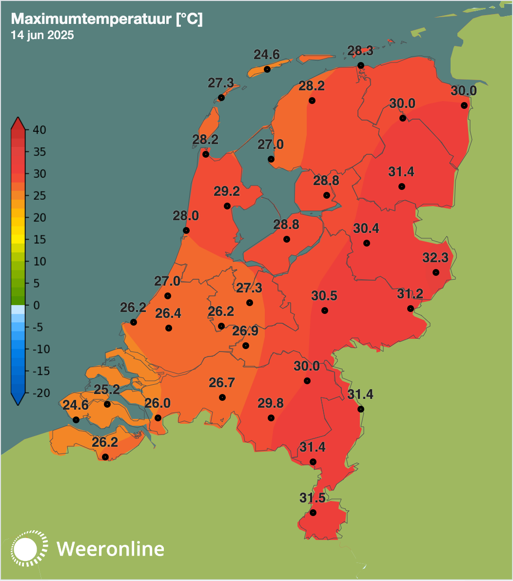 Maximumtemperatuur 14 juni 2025 gemeten t/m 17:40 uur.