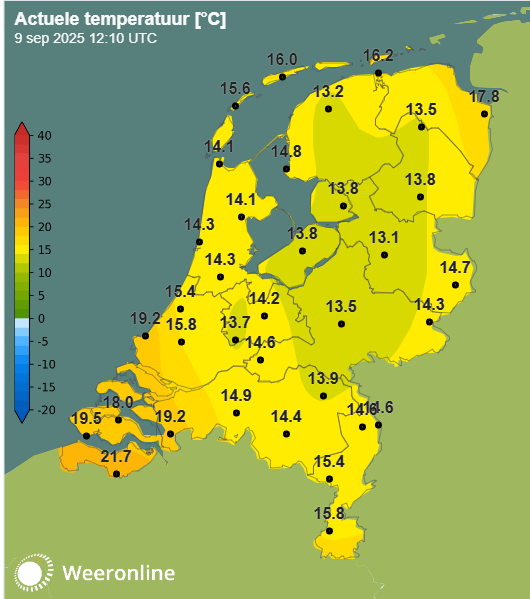 Temperatuur om 14:10 op 9 september 2025. 