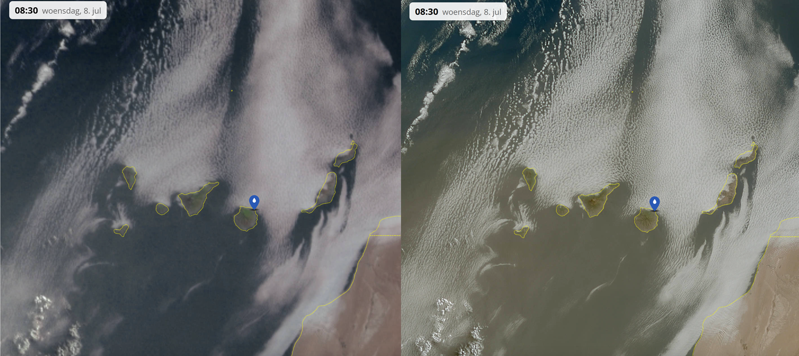Wolkenvelden Canarische Eilanden lage resolutie (l), hoge resolutie (r)